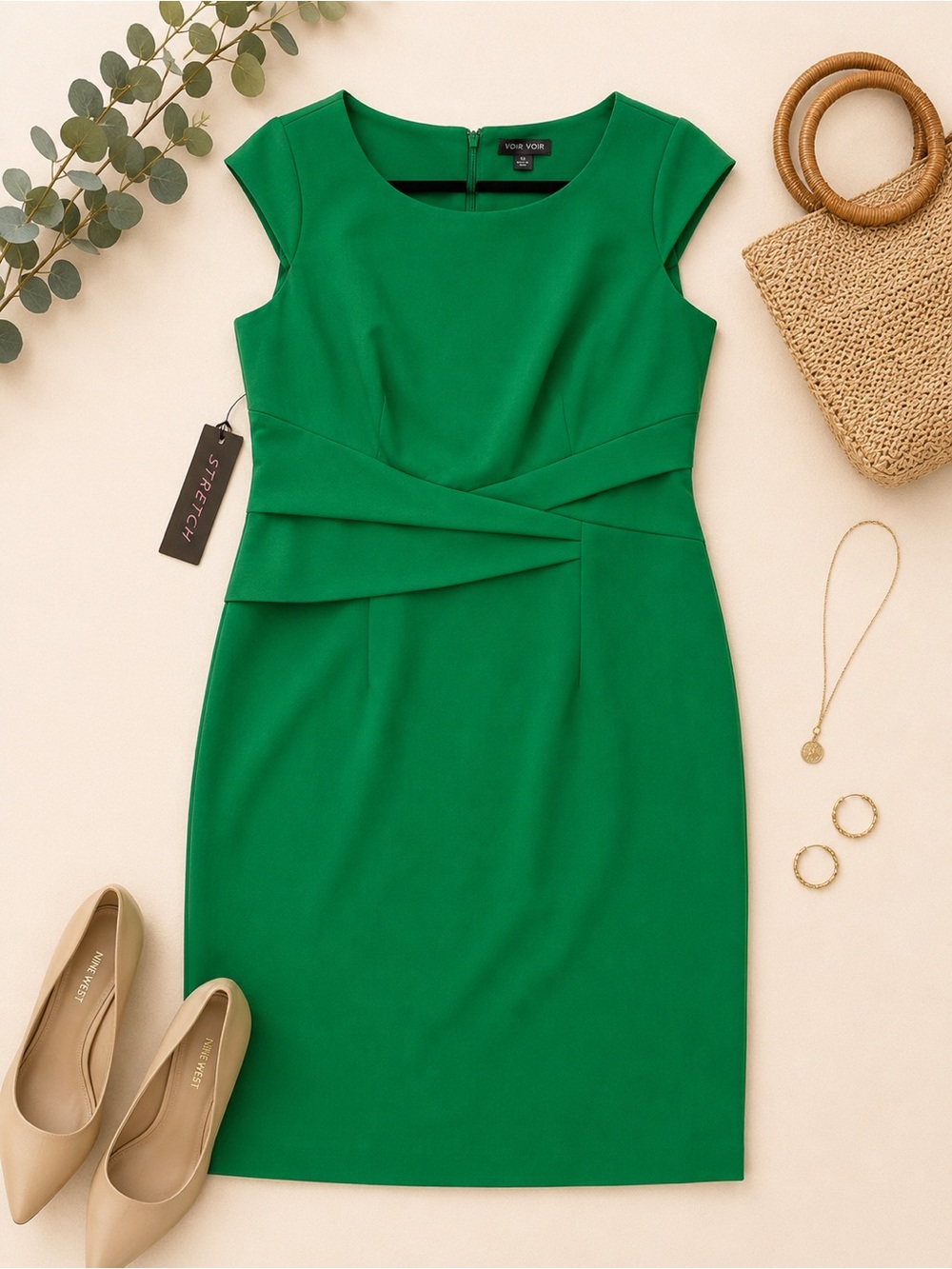Voir Voir Emerald Green Cap-Sleeve Midi Sheath Dress - Picture 1 of 10